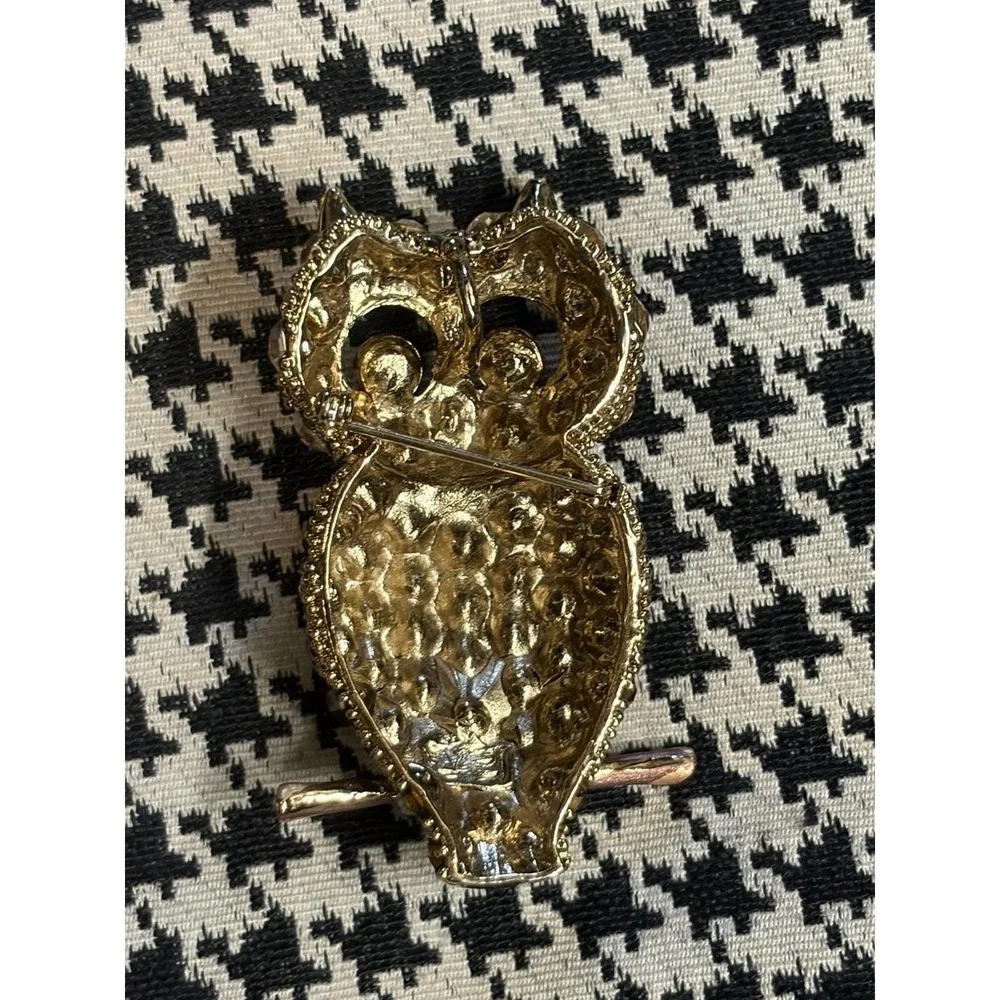 Hoot Owl Brooch Pendant Rhinestone Figural‎ Bling Amber Tone Statement Pin 2.5🦉